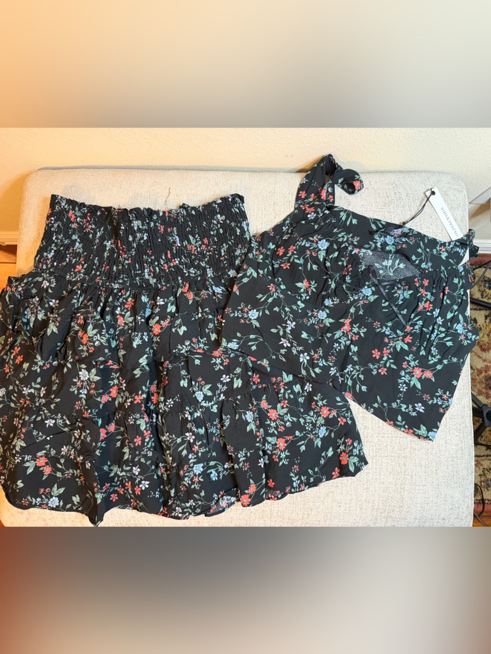 Olivaceous Black Floral Smocked Skirt & Tie-Shoulder Crop Set